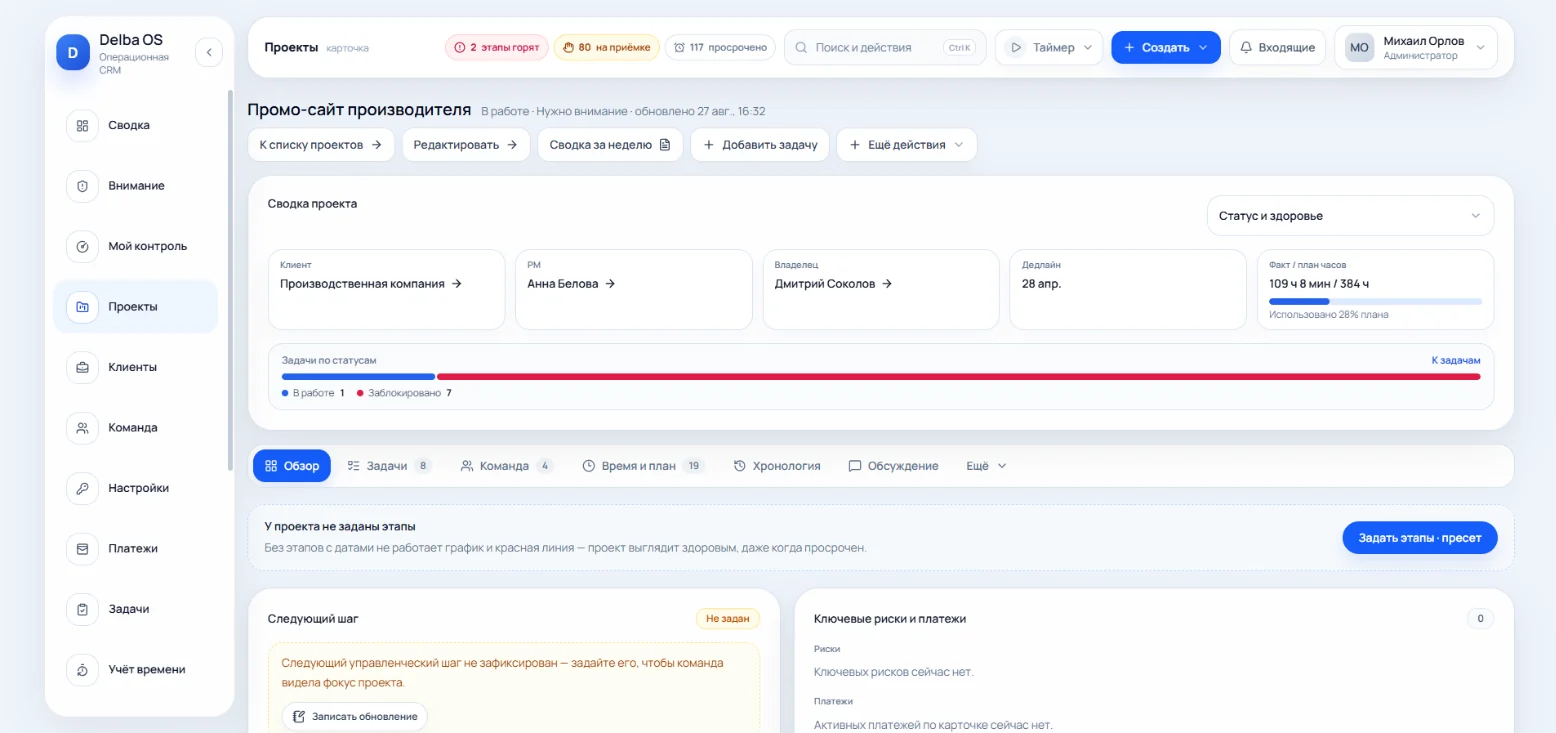 Карточка проекта: клиент, PM, владелец, дедлайн, факт и план часов и задачи по статусам в одной сводке