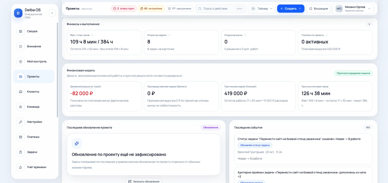 Финансовая модель проекта: деньги, маржа выполненной работы и прогноз считаются раздельно, рядом лимит часов
