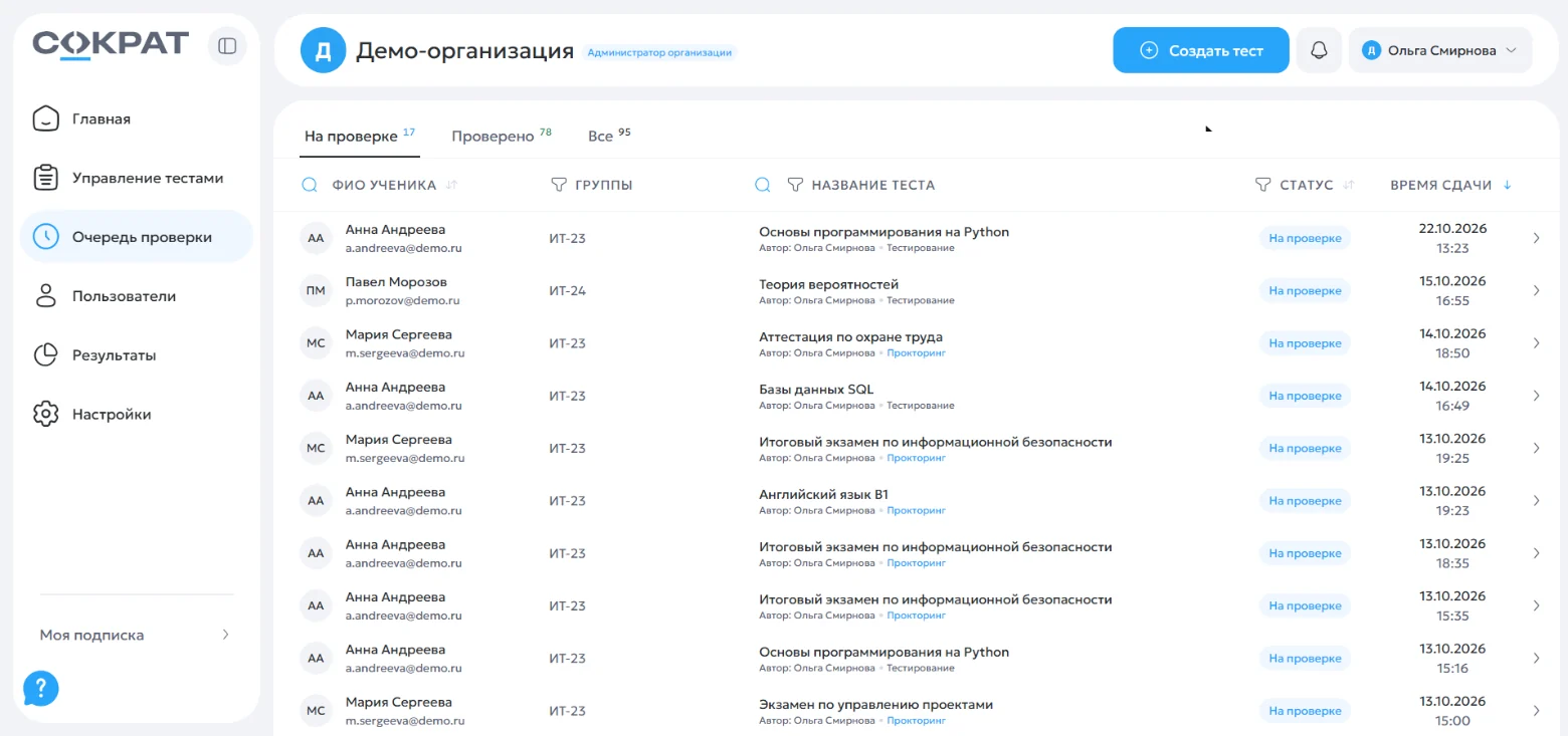 Очередь проверки: сданные работы, от новых к старым