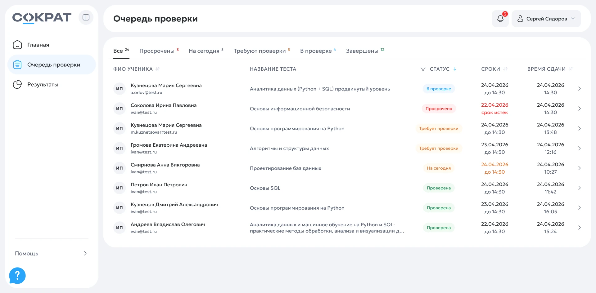 Очередь проверки с фильтрами по статусу и срокам
